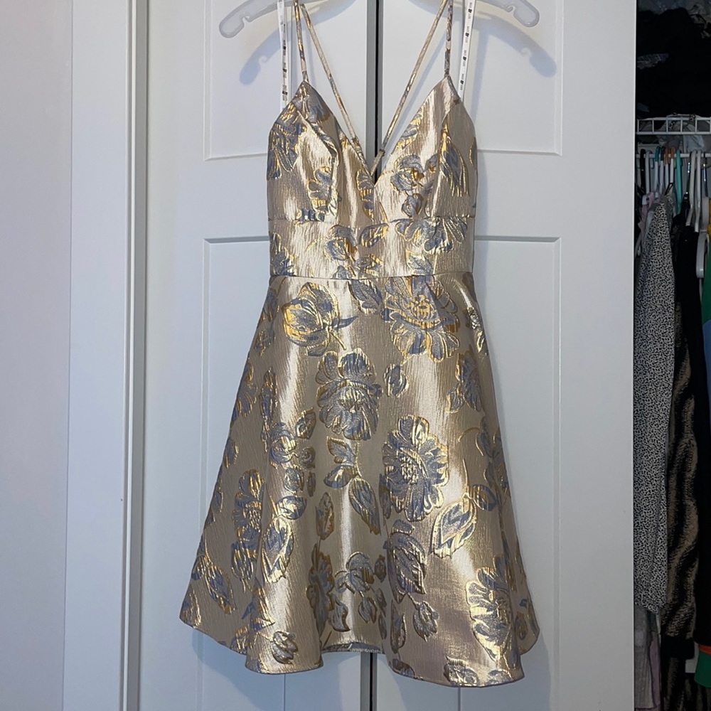 Short gold and baby blue metallic floral dress